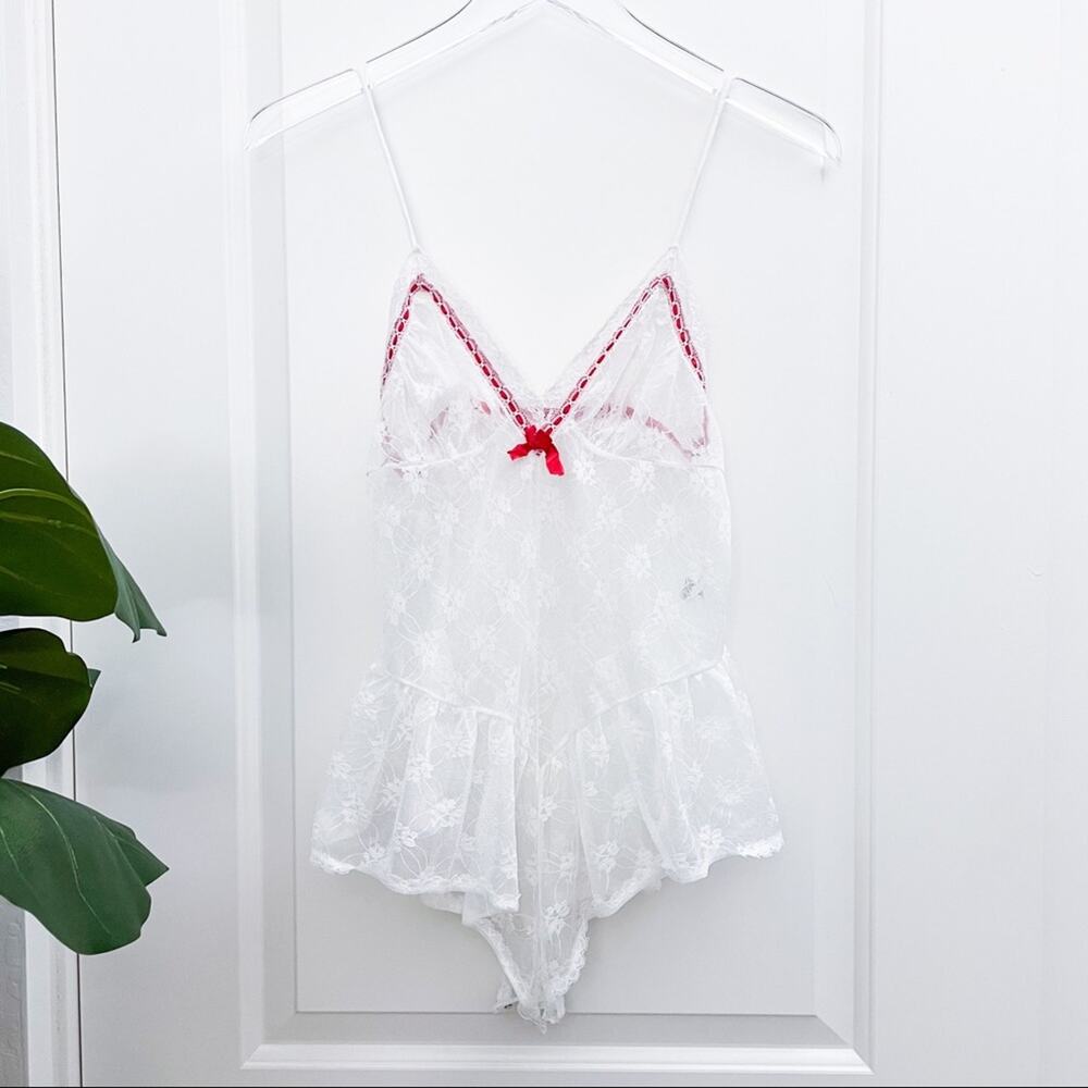 Vintage White Lingerie Lace Teddy Red Accent Small